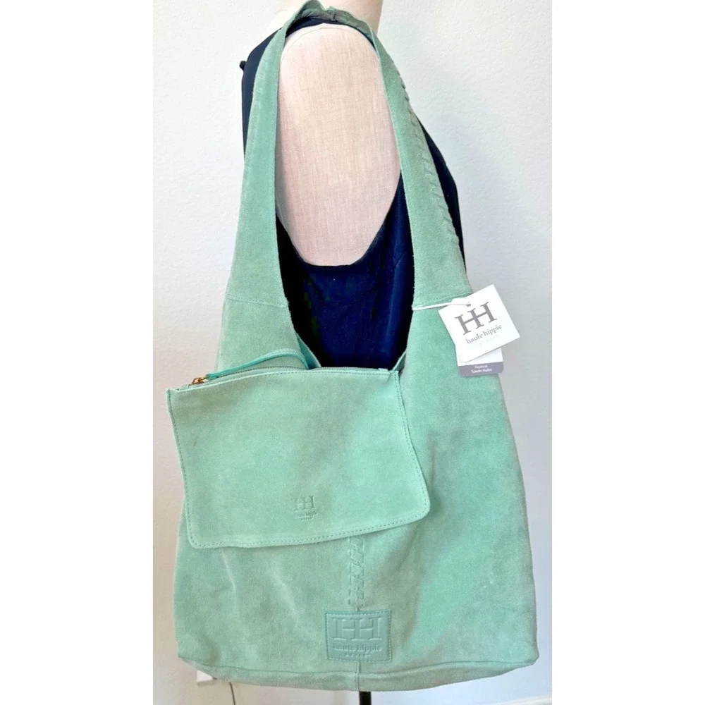 Haute Hippie Style Festival Suede Hobo Bag Green Braided Details Interior Pouch
